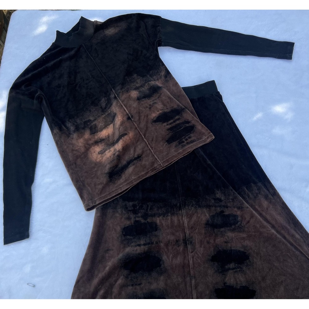 Five Stars Velour Top Skirt Set Womens‎ XS Black Brown Long Sleeve Maxi Ribbed